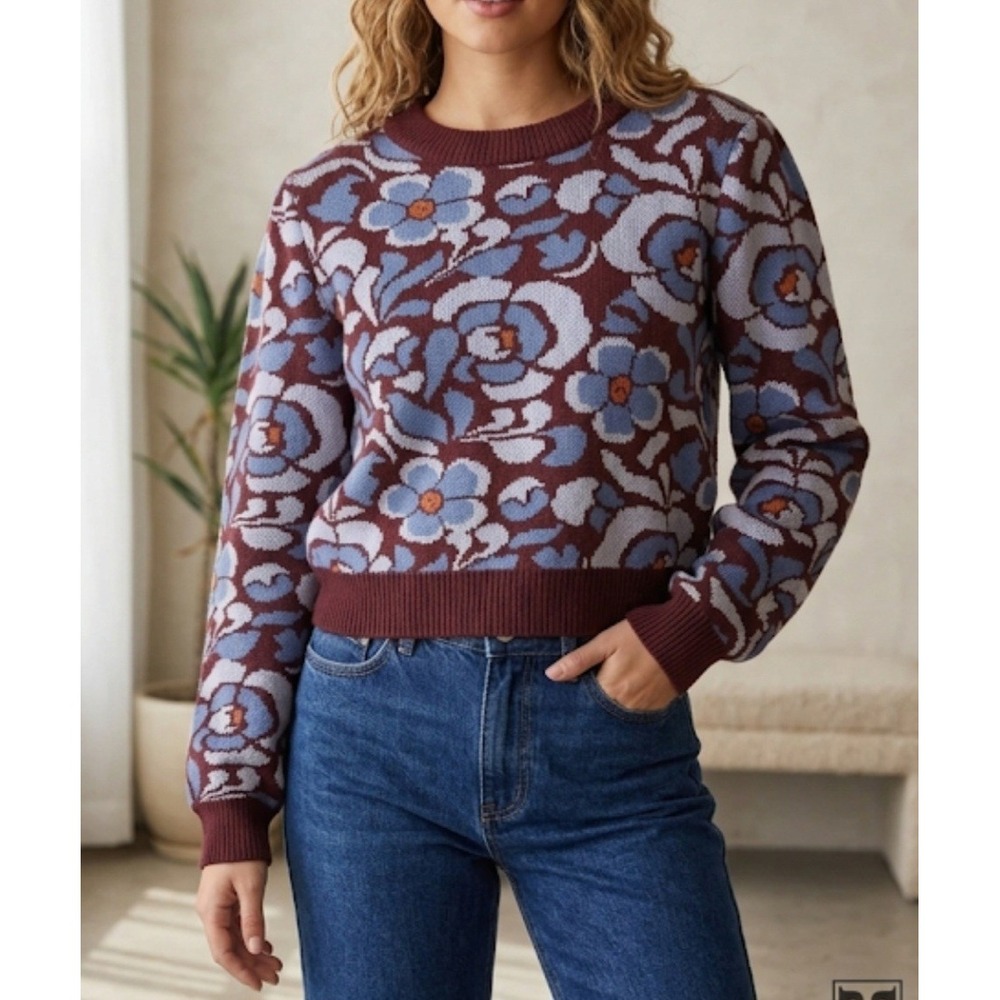 Driftwood Women's Sweater Brown With Floral Long Sleeve M NWT